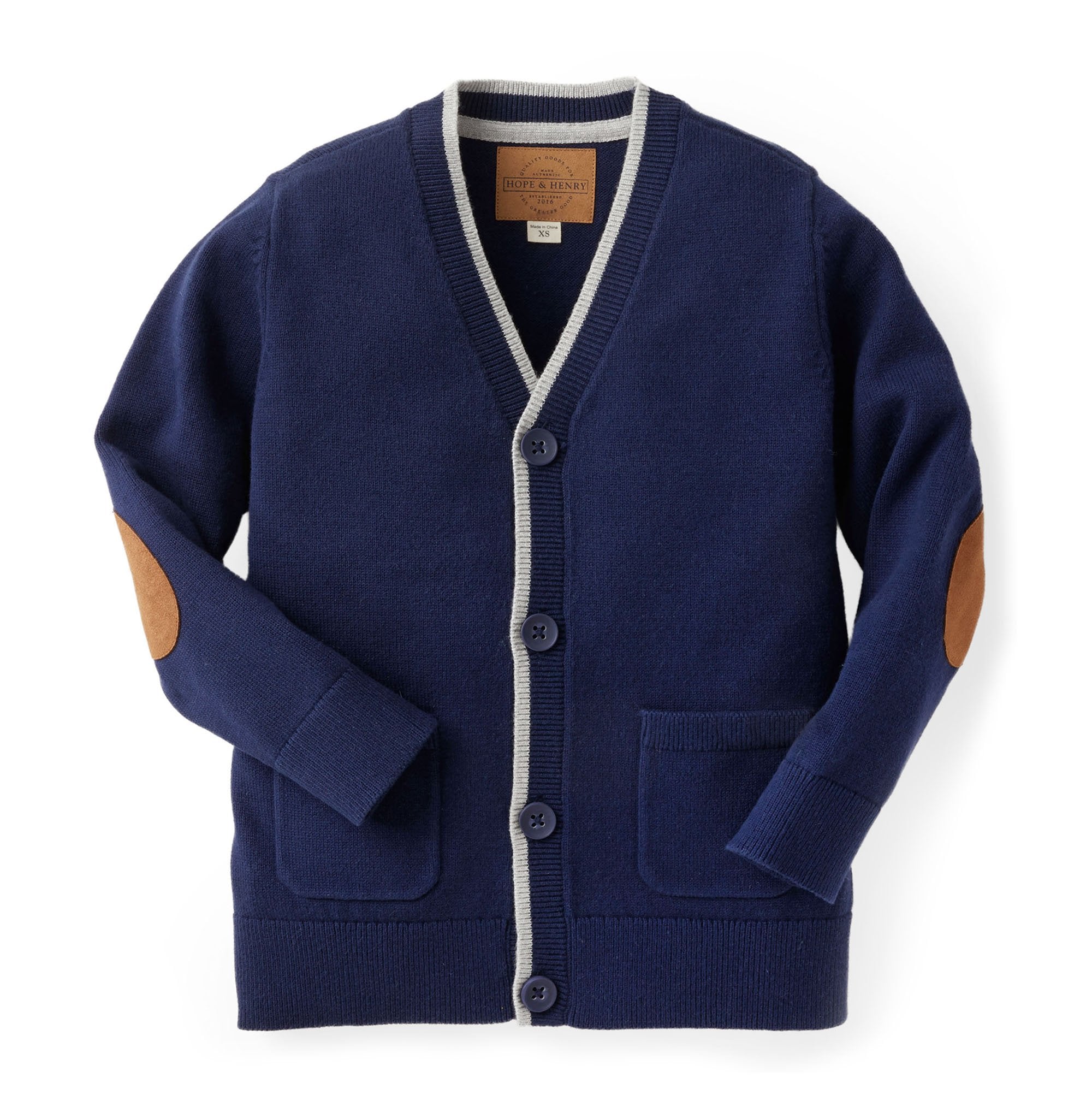 Hope & Henry Baby Boys Tipped Cardigan with Elbow Patches - Navy